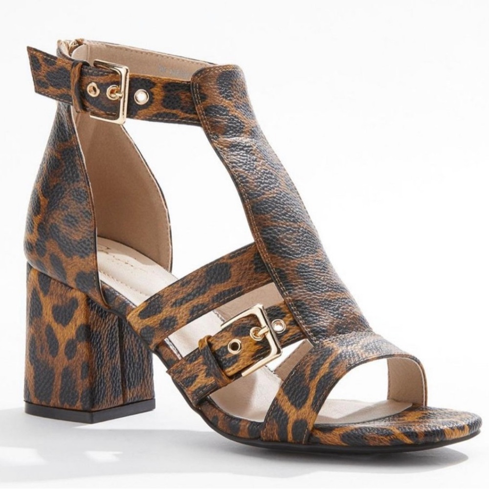 Leopard print heeled sandals. 3 inch heel.  Zippered back. Sz 9W. Double buckle
